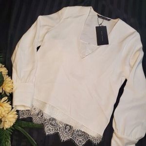 Zara Woman Plunge V Neck White Lace Blouse SZ Small